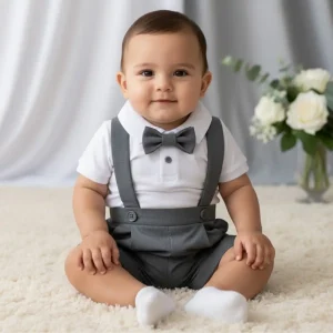 Conjunto de Bautizo Blanco con Gris para Niño con Short y Mameluco Manga Corta