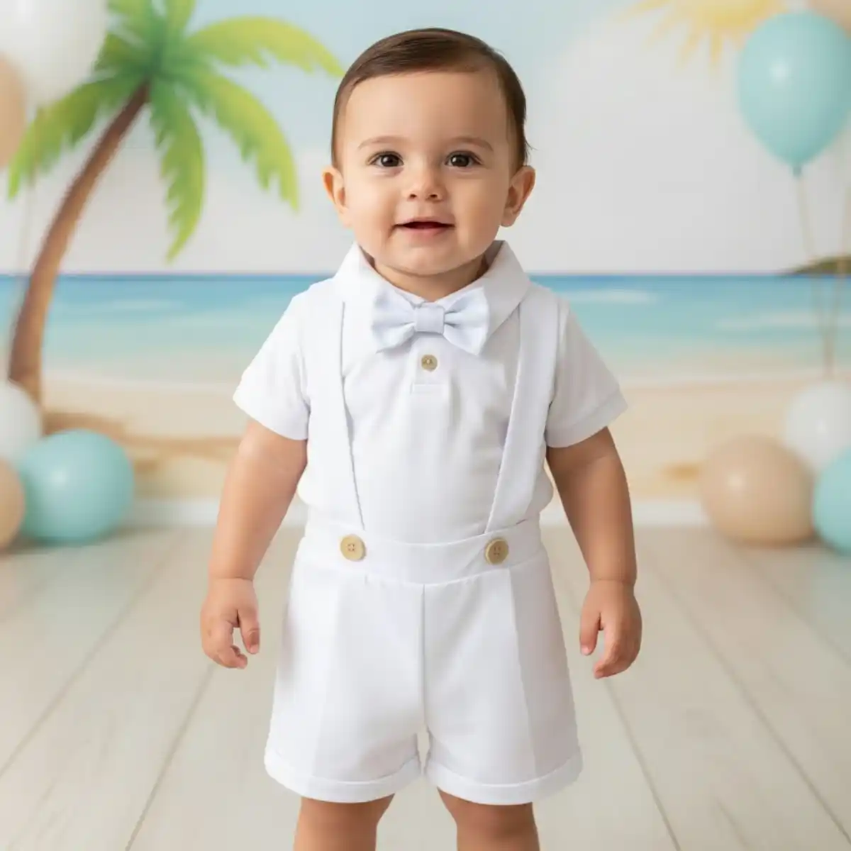 Conjunto de Bautizo Blanco para Niño con Short y Mameluco Manga Corta con BOTONES BEIGE 1 Conjunto de Bautizo Blanco para Niño con Short y Mameluco Manga Corta con BOTONES BEIGE