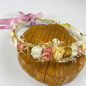 Corona Blanca, Palo Rosa, Dorado y Beige con Flores