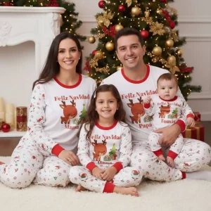 Pijama Navideña De Renos con Feliz Navidad y Nombre