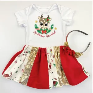 Set Mameluco, Falda y Diadema Navideño Mi primer Navidad Reno