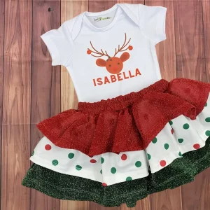 Conjunto de Mameluco de Reno y Falda Navideña Roja y Verde con Puntos 2