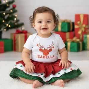 Conjunto de Mameluco de Reno y Falda Navideña Roja y Verde con Puntos
