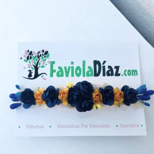 Vincha Azul con Flores Mostaza y Azul Berenice