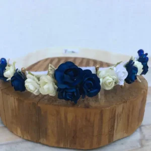 Vincha Beige con Flores Blanco, Beige y Azul Berenice