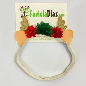 Vincha Dorada, Roja y Verde de Reno con Flores