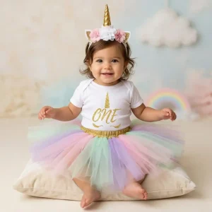 Set de Diadema, Tutu y Mameluco Lila, Rosado y Menta de Unicornio