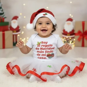 Set de Gorrito de Santa, Tutu y Mameluco Soy el Regalo de Navidad