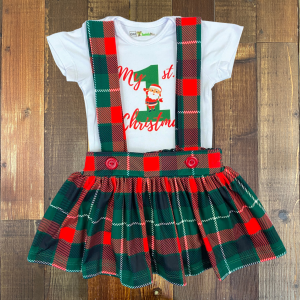Set de Mameluco Navideño y Falda Roja y Verde de Cuadros Estampada con Tirantes