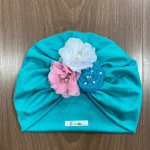 Turbante Turquesa con Flor Blanca, Turquesa y Rosada