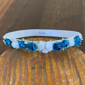 Vincha Blanca con Flores Blancas y Turquesas Berenice