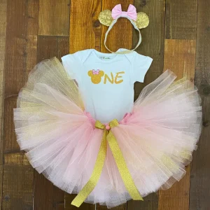 Set de Vincha, Tutu y Mameluco Rosado y Dorado de Minnie
