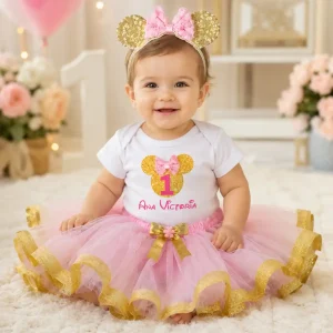 Set de Vincha, Tutu y Mameluco Rosado y Dorado de Minnie con Lazo