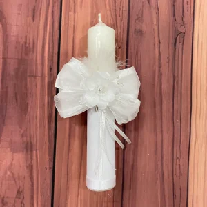 Vela Capitolio Blanca para Bautizo o Primera Comunión con Lazo, Plumas y Flor Bernardette