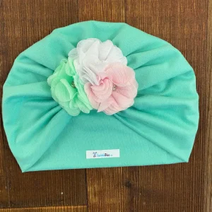 Turbante Menta de Flores Rosado, Blanco y Menta