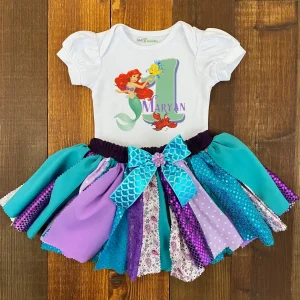 Set de Tutu de Tiritas y Mameluco con Mangas Bombachas Turquesa y Morado de Sirena