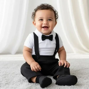 Conjunto de Bautizo Blanco y Negro para Niño con Pantalón y Mameluco Manga Corta
