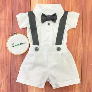 Conjunto de Bautizo Blanco con Gris para Niño con Short y Mameluco Manga Corta