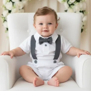 Conjunto de Bautizo Blanco con Gris para Niño con Short y Mameluco Manga Corta