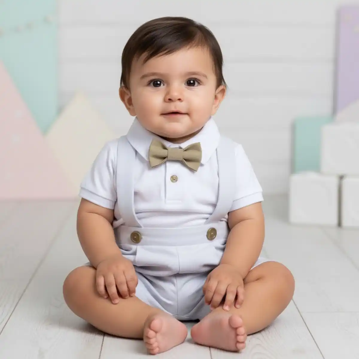 Conjunto de Bautizo Blanco para Niño con Short y Mameluco Manga Corta con BOTONES Y CORBATÍN BEIGE 1 Conjunto de Bautizo Blanco para Niño con Short y Mameluco Manga Corta con BOTONES Y CORBATÍN BEIGE