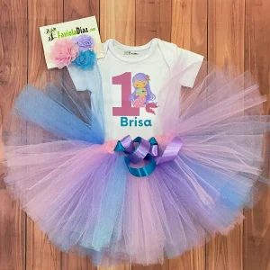 Set de Vincha Tutu y Mameluco Menta, Rosado y Lila de Sirena