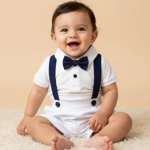 Conjunto de Bautizo Blanco con Azul Marino para Niño con Short y Mameluco Manga Corta
