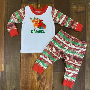 Pijama Navideña Verde y Roja con Reno, Oso y Nombre