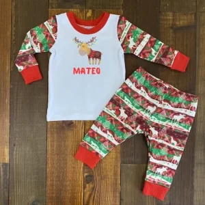 Pijama Navideña Verde y Roja con Reno con Suéter y Nombre