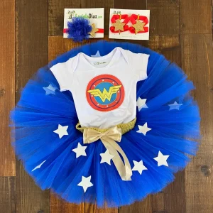 Set de Vincha, Sandalias, Tutu y Mameluco Alusivo a la Mujer Maravilla