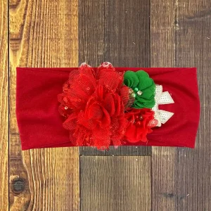 Vincha Tipo Turbante con Flores y Lazo Roja, Verde y Plateado Joy