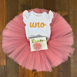 Set de Vincha, Tutu Palo Rosa y Mameluco con Mangas Aleteadas UNO