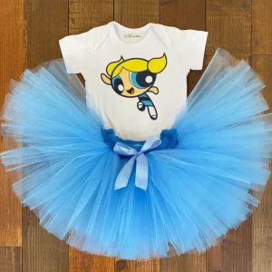 Set de Mameluco y Tutu Celeste alusivo a Las Chicas Superpoderosas