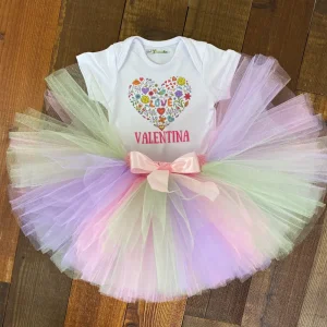 Set de Tutu y Mameluco Lila, Rosado y Menta con Corazón de Flores