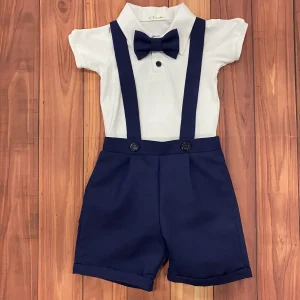 Conjunto de Bautizo Blanco y Azul Marino para Niño con Short y Mameluco Manga Corta