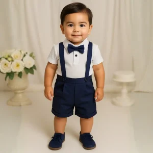 Conjunto de Bautizo Blanco y Azul Marino para Niño con Short y Mameluco Manga Corta
