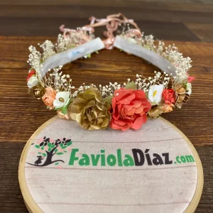 Corona Beige Dorado y Coral con Flores
