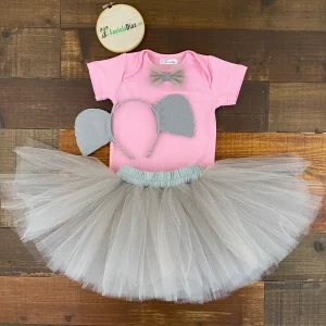 Set de Diadema Tutu Gris y Mameluco Rosado de Elefante