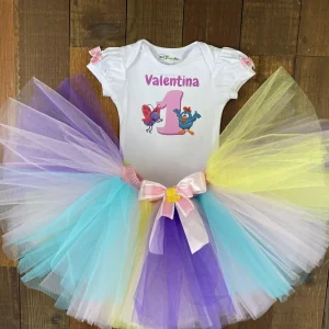 Set de Mameluco con Mangas Bombachas y Tutu alusivo a Gallina Pintadita y la Mariposita