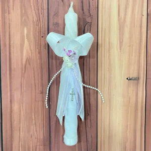 Vela Torneada Blanca, Lila y Rosada para Bautizo Berenice