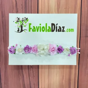 Vincha Blanca con Flores Blancas, Lila y Rosadas Berenice