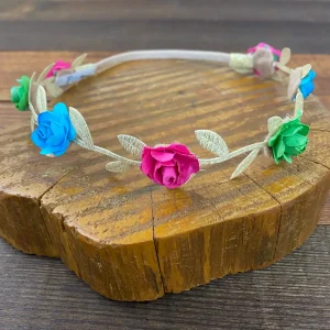 Vincha Dorada Griega con Flores Fucsia Turquesa y Verde