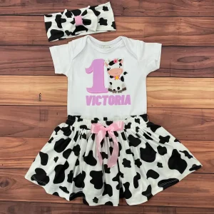 Set de Vincha, Mameluco y Falda con Estampado de Vacas