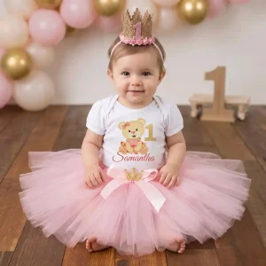 Set de Corona de Cumpleaños, Mameluco con Mangas Bombachas y Tutu Rosado de Osita
