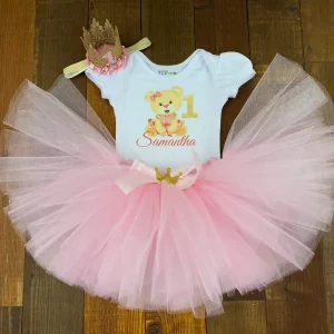 Set de Corona de Cumpleaños, Mameluco con Mangas Bombachas y Tutu Rosado de Osita