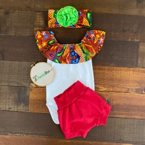 Conjunto Rojo Verde y Café de Short, Mameluco y Vincha alusivo al Día de la Persona Negra y la Cultura Afrocostarricense