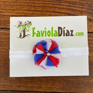 Vincha Blanca con Flor Blanco Azul y Rojo Alba