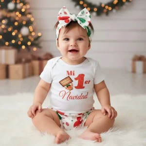 Set de Short y Vincha Alusiva a Mickey con Mameluco Mi Primer Navidad con Nombre