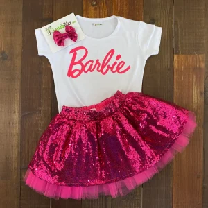 Set de Vincha, Falda Fucsia de Lentejuelas, Mameluco con el diseño que elija