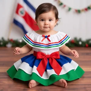 Traje Típico Blanco, Verde, Rojo y Azul con Cinturón Rojo