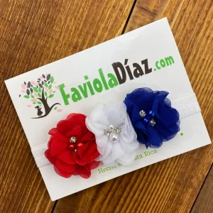 Vincha Blanca Camila con 3 Flores Blanco Azul y Rojo